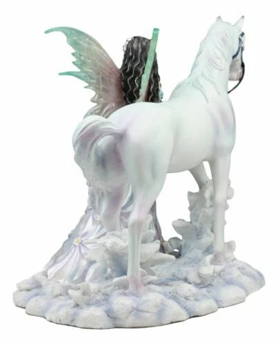 Aurora Borealis Winter Fairy With Sacred White Horse Statue 10"Long Nene Thomas-7