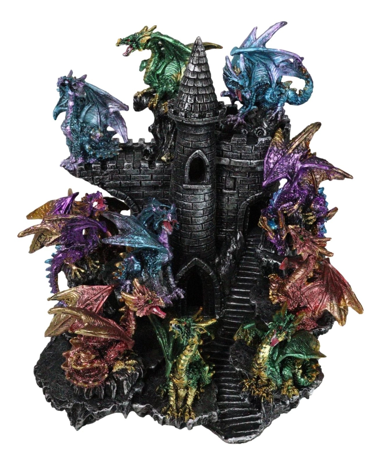 Juego de 12 mini dragones medievales coloridos en la montaña del castillo de Stonewall.-7