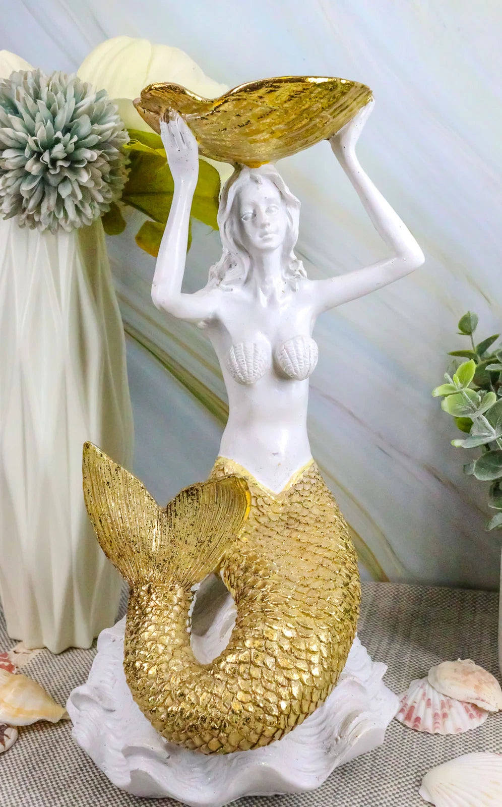 Art Nouveau Mermaid Holding Sea Shell Candle Or Jewelry Holder Figurine-3