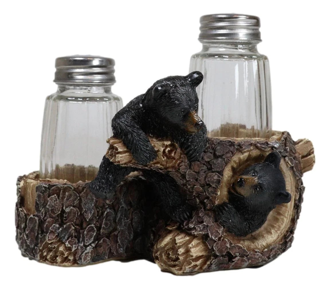 Rustic Forest 2 Black Bear Cubs Playing By Tree Logs Salt Pepper Shakers Holder-6
