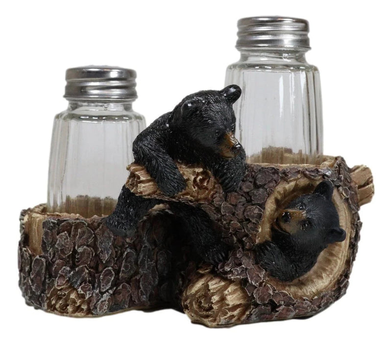 Rustic Forest 2 Black Bear Cubs Playing By Tree Logs Salt Pepper Shakers Holder-6