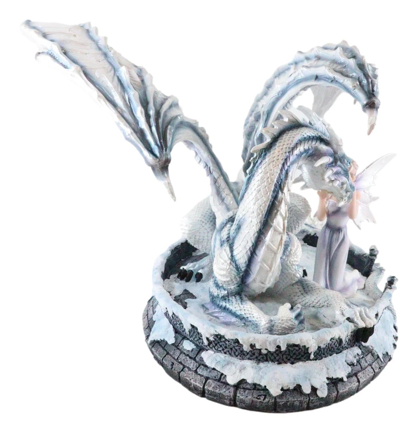 Large 15" Long Winter Blizzard Fairy with Giant White Dragon Statue-5