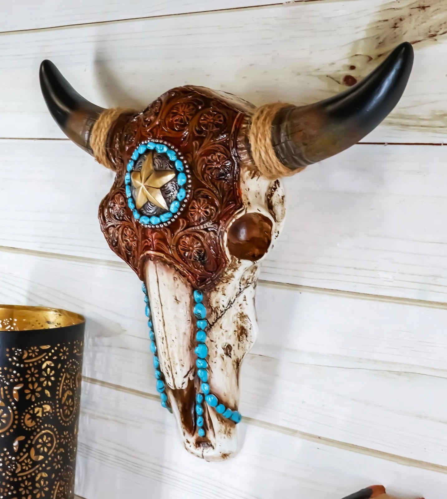 Western Star Tooled Leather Steer Bison Buffalo Bull Cow Horned Skull Wall Decor-3