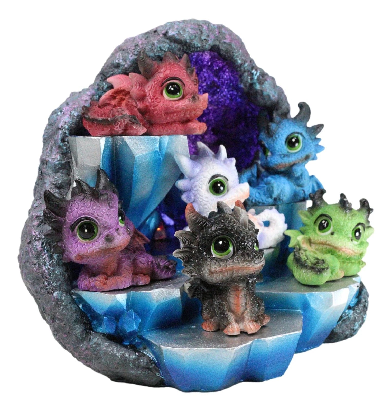 Whimsical Baby Dragons Mini Figurines With LED Faux Geode Crystal Display Set-4