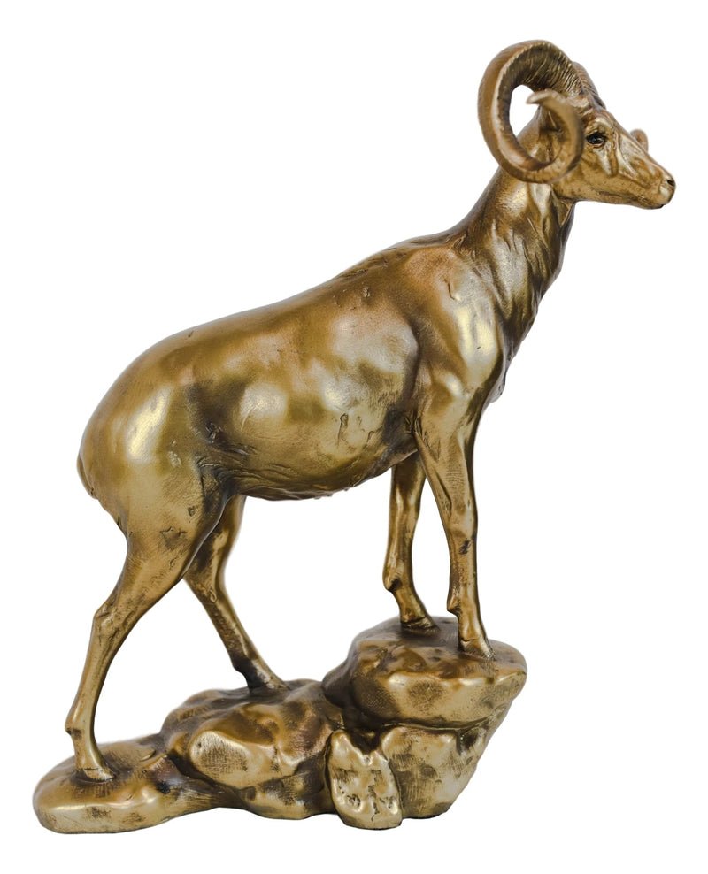 Large Country Wildlife Bighorn Sheep Ram Climbing On Rock Statue In Gold Patina-7