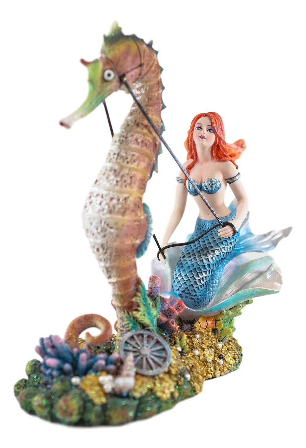 Nouveau Nautical Ocean Mermaid On Clam Riding Seahorse Chariot Statue 10"H-6