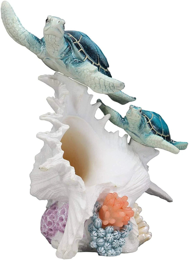 Colorful Nautical Sea Turtle Family Swimming By Big Conch With LED Light Statue-3