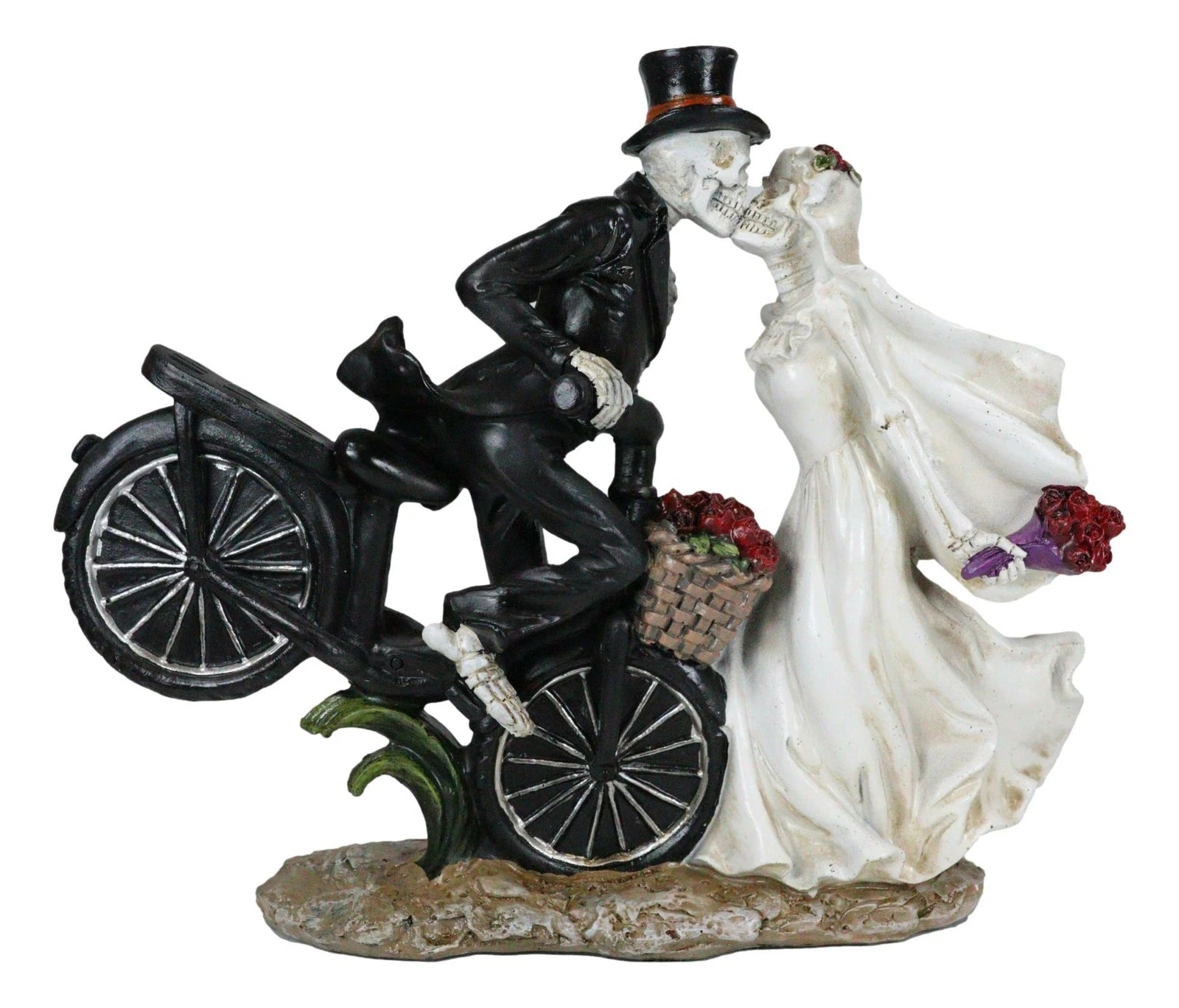 Love Never Dies Skeleton Bridal Couple Kissing On Bicycle W Rose Basket Figurine-5