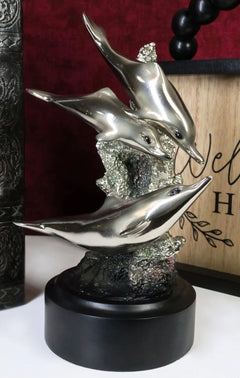 Nautical Marine Sea Dolphins By Coral Reef Silver Electroplated Resin Figurine-1
