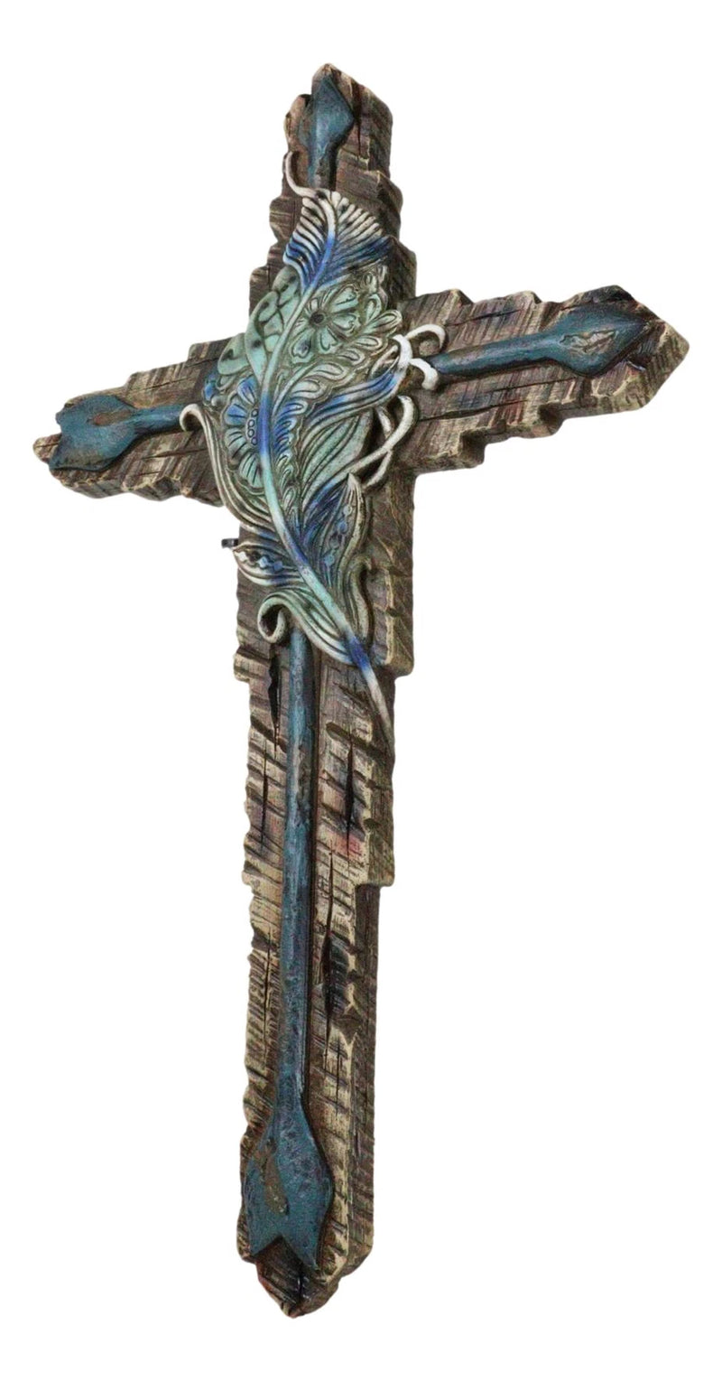 Southwestern Tribal Indian Feather And Turquoise Arrows Faux Wooden Wall Cross-5