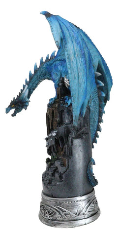 Blue Elemental Ice Dragon Perching On Medieval Stonewall Castle Tower Figurine-5