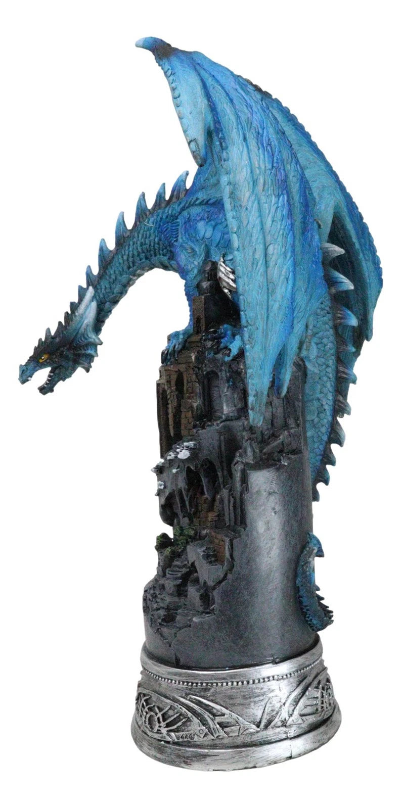 Blue Elemental Ice Dragon Perching On Medieval Stonewall Castle Tower Figurine-5