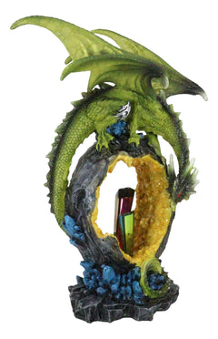 Green Dragon Guarding Faux Geode Crystal Arch Rock With Rainbow Icicle Figurine-2
