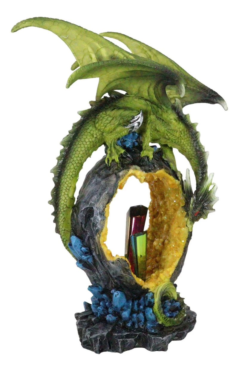Green Dragon Guarding Faux Geode Crystal Arch Rock With Rainbow Icicle Figurine-2