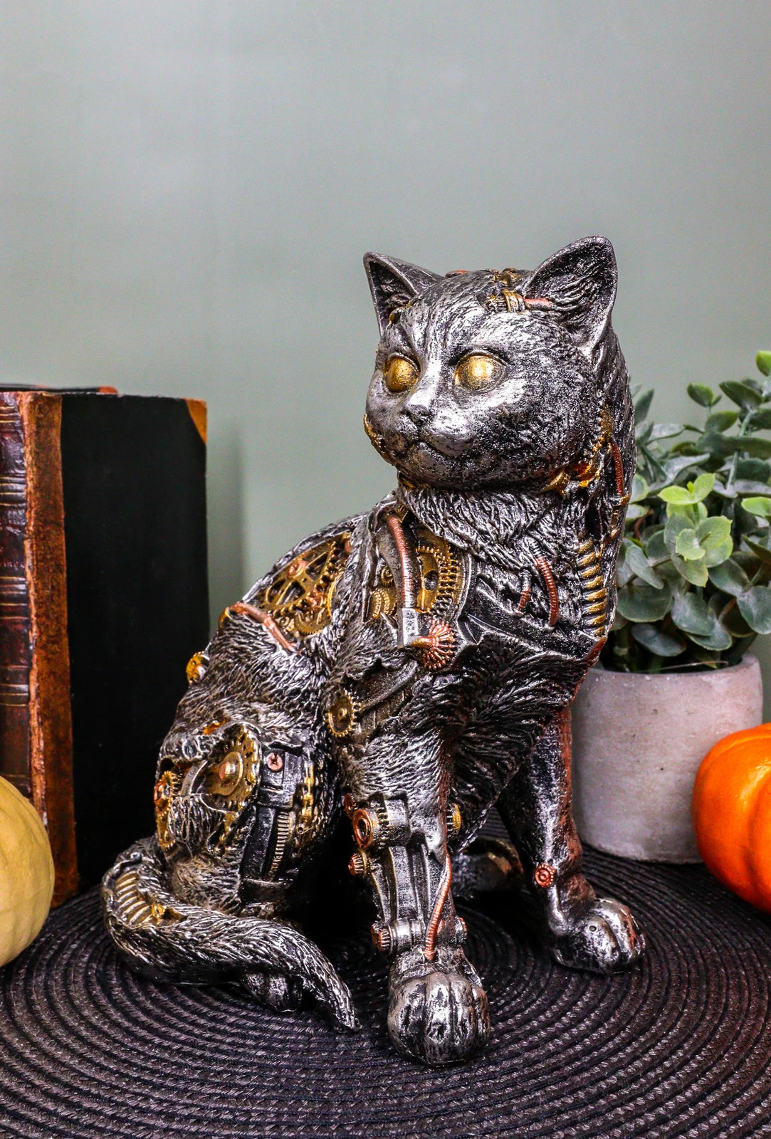 Steampunk Cyborg Cat with Clockwork Gears Nuts and Bolts Statue 8" Tall-6