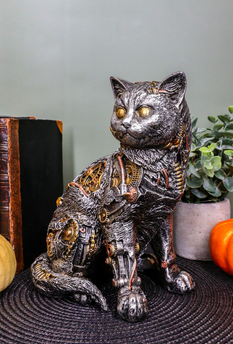Steampunk Cyborg Cat with Clockwork Gears Nuts and Bolts Statue 8" Tall-6