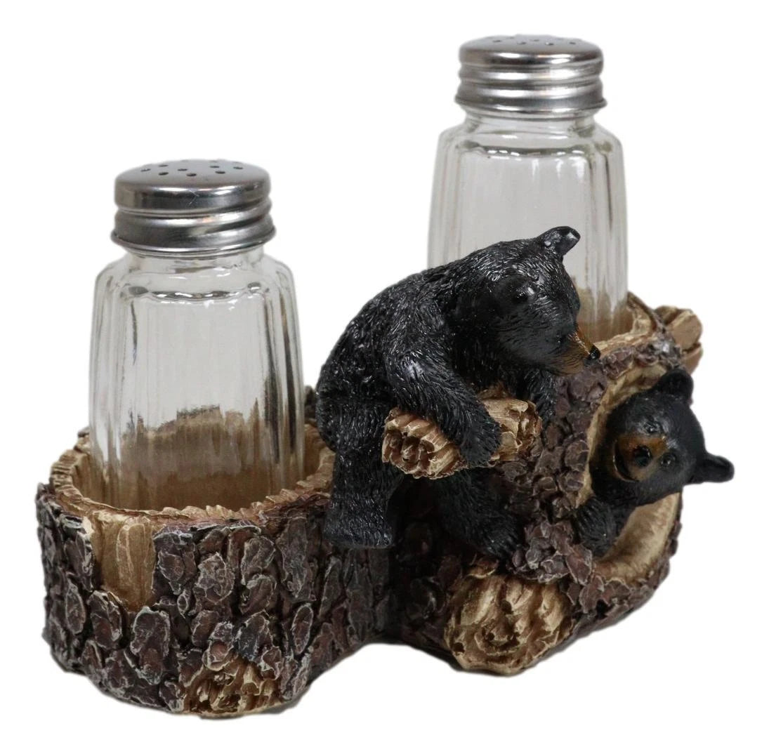 Rustic Forest 2 Black Bear Cubs Playing By Tree Logs Salt Pepper Shakers Holder-7