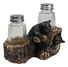 Rustic Forest 2 Black Bear Cubs Playing By Tree Logs Salt Pepper Shakers Holder-7