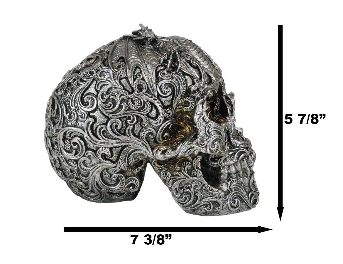 Flying Dragon On Tribal Le Fleur Floral Tattoo Skull Statue Halloween 7.5"L-4