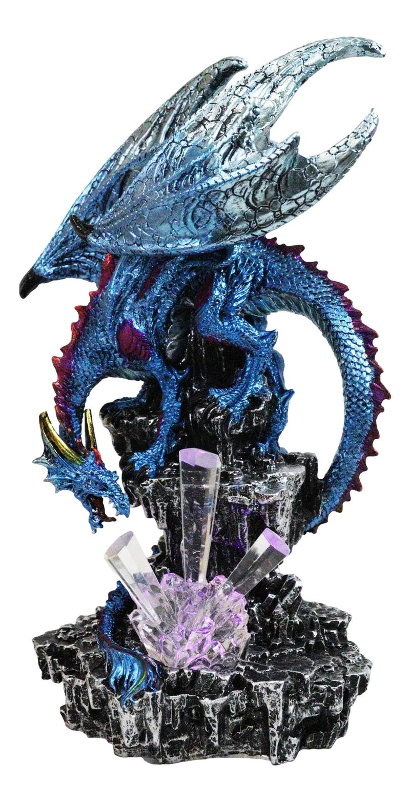Metallic Blue Dragon with Magenta Spikes Guarding Bottle Ice Crystals Figurine-2