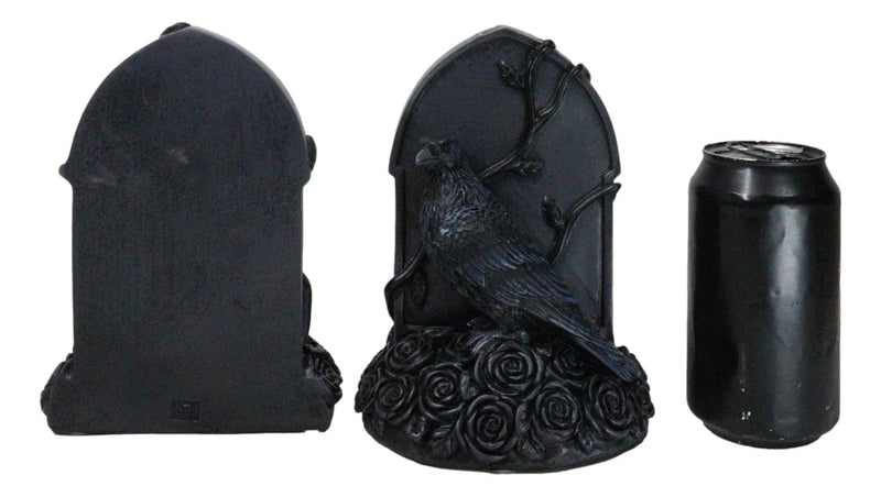 Raven Figurine, 8" Crow Perching on Black Roses Tombstone Gothic Figurine Bookends for Shelf, Desk, Home, or Gothic Room Decor Collectible-4