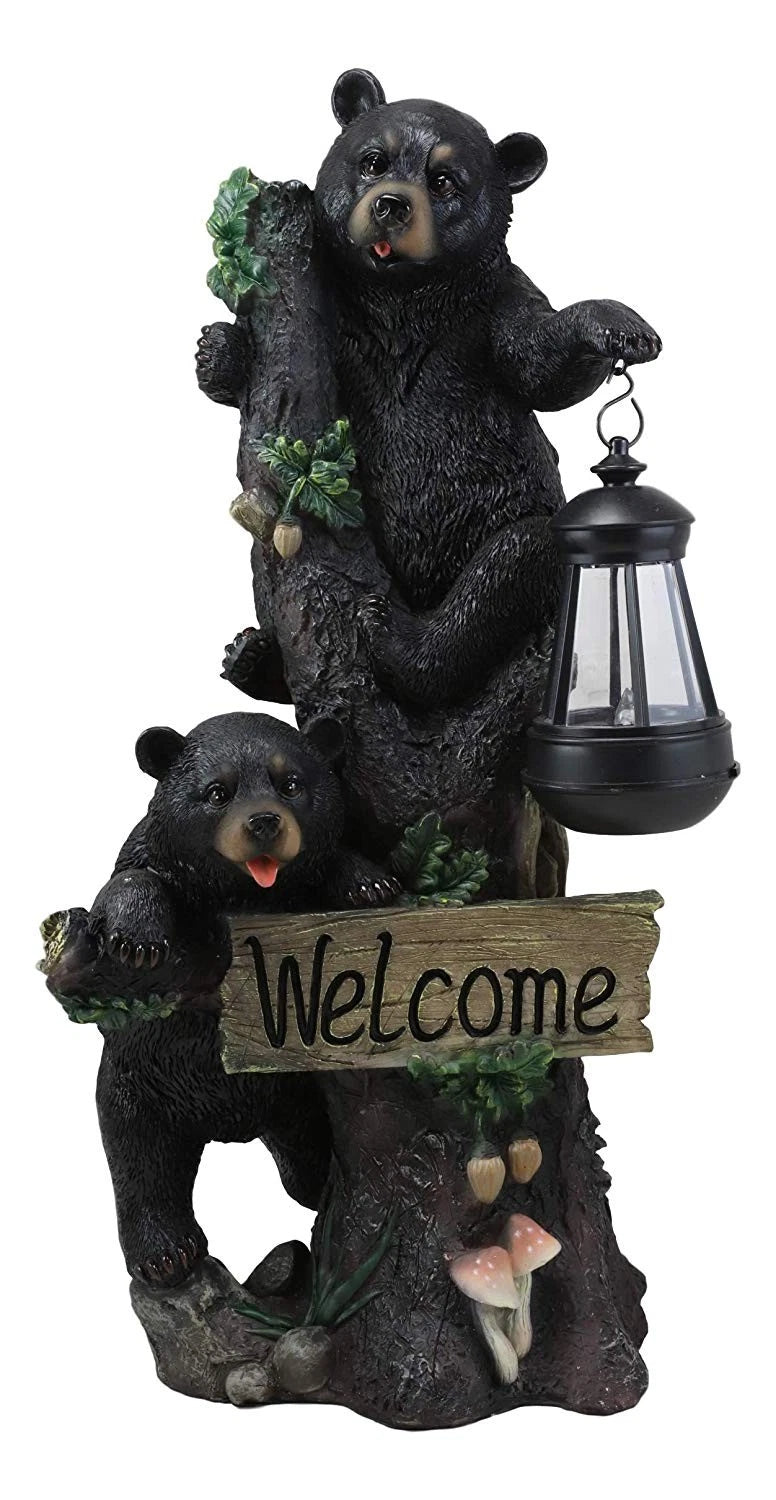 Climbing Black Bear Cubs Garden Light Welcome Statue Figurine Solar LED Lantern-4