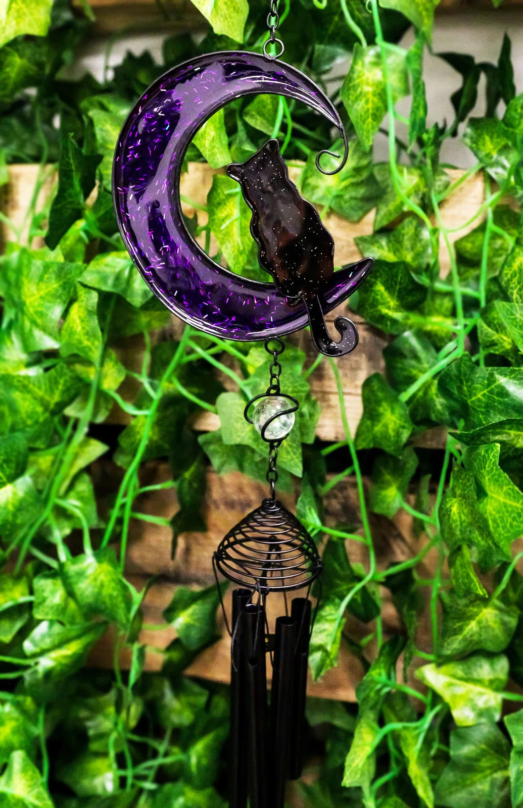 Witchcraft Black Cat On Purple Crescent Moon Stained Glass Wind Chime Suncatcher-2