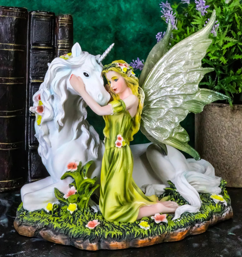 Green Earth Gaia Fairy With Rare Floral White Unicorn Statue Decor Figurine 7"L-2