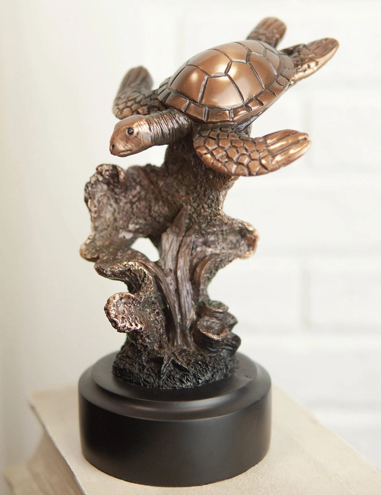 Sea Turtle Swimming By Corals Starfish Electroplated Bronze Resin Statue-1