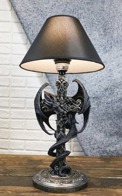 Gothic Faux Stone Dragon Perching On Celtic High Cross Sculptural Table Lamp-1