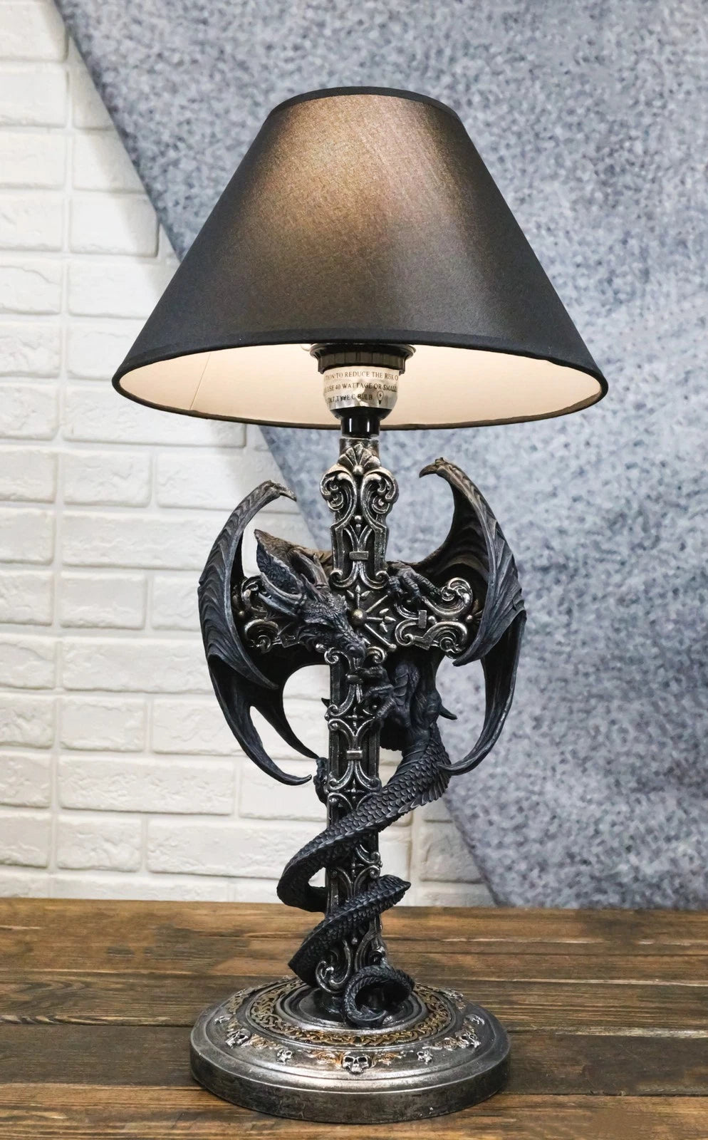 Gothic Faux Stone Dragon Perching On Celtic High Cross Sculptural Table Lamp