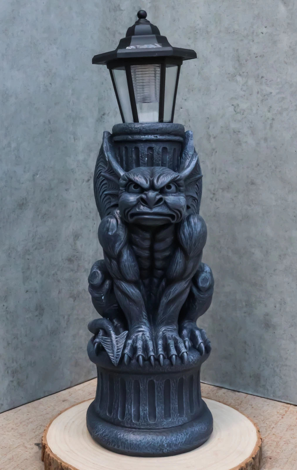 Gothic Crouching Winged Gargoyle Statue With Solar LED Lantern Light Post 20"H-5