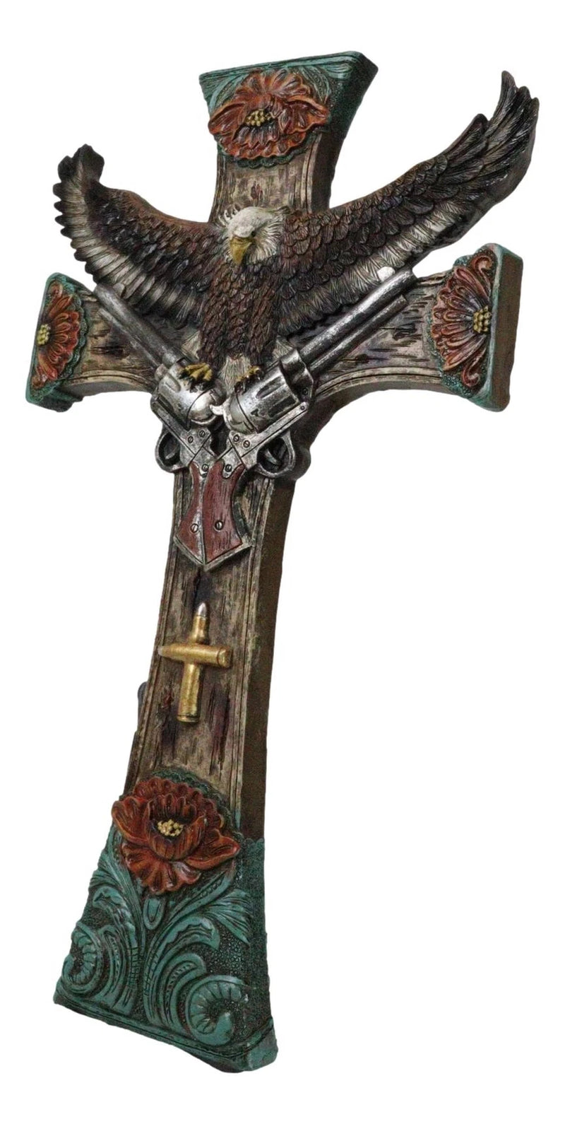 Rustic Western Turquoise Flowers Eagle Dual Pistols Cowboy Faux Wood Wall Cross-2