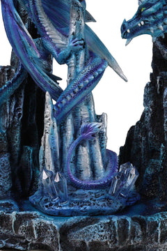 20"H Large Blue Frozen Dragon On Arch With Wyrmling By Ice Stalagmite Statue-3