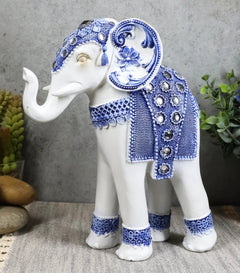 Feng Shui Ming Style Blue And White Ornate Design With Crystals Elephant Statue-1
