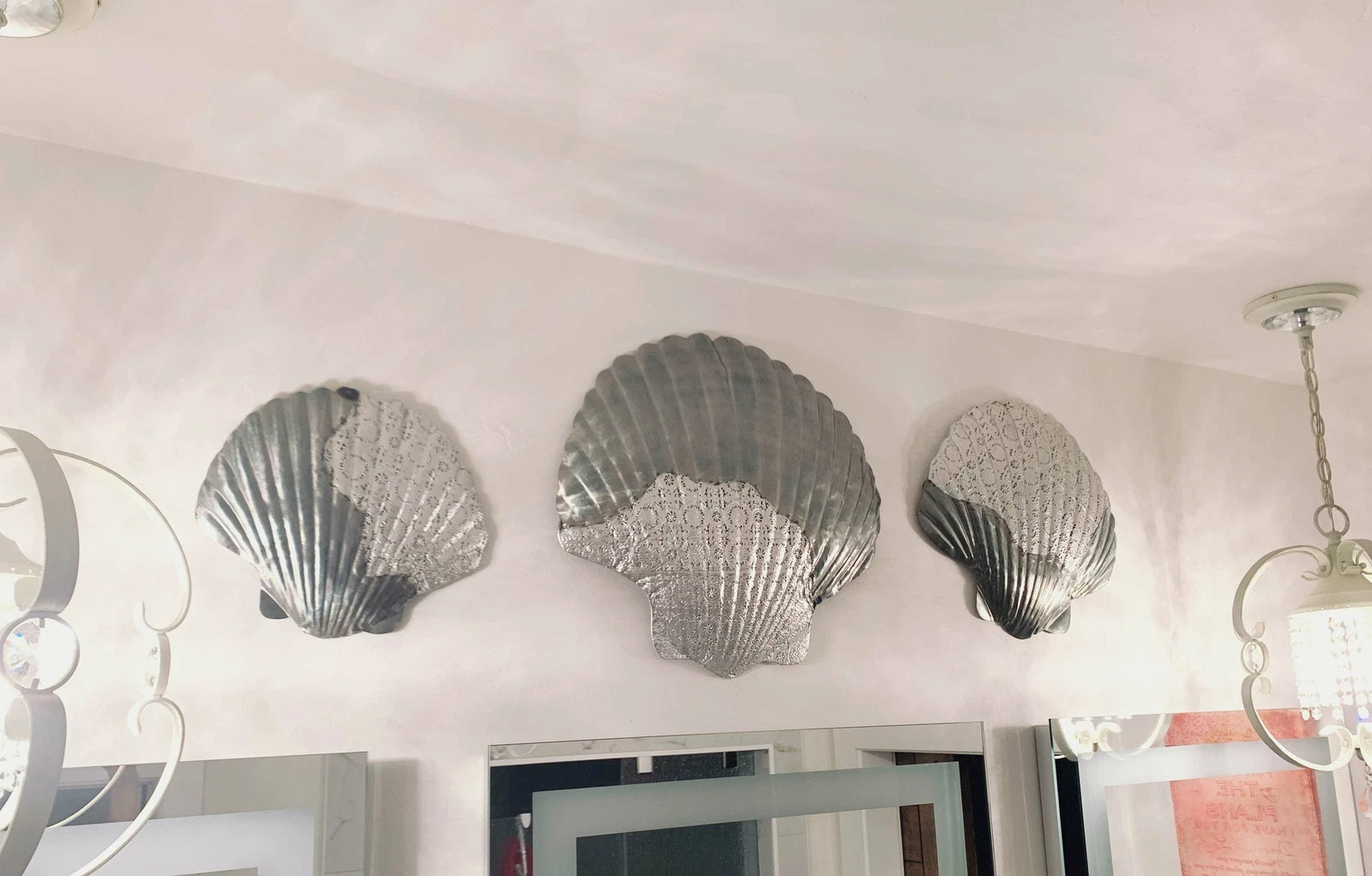 Silver Filigree Capiz Green Nautical Sea Shell Clams 3 Sizes Set Wall Decors-2
