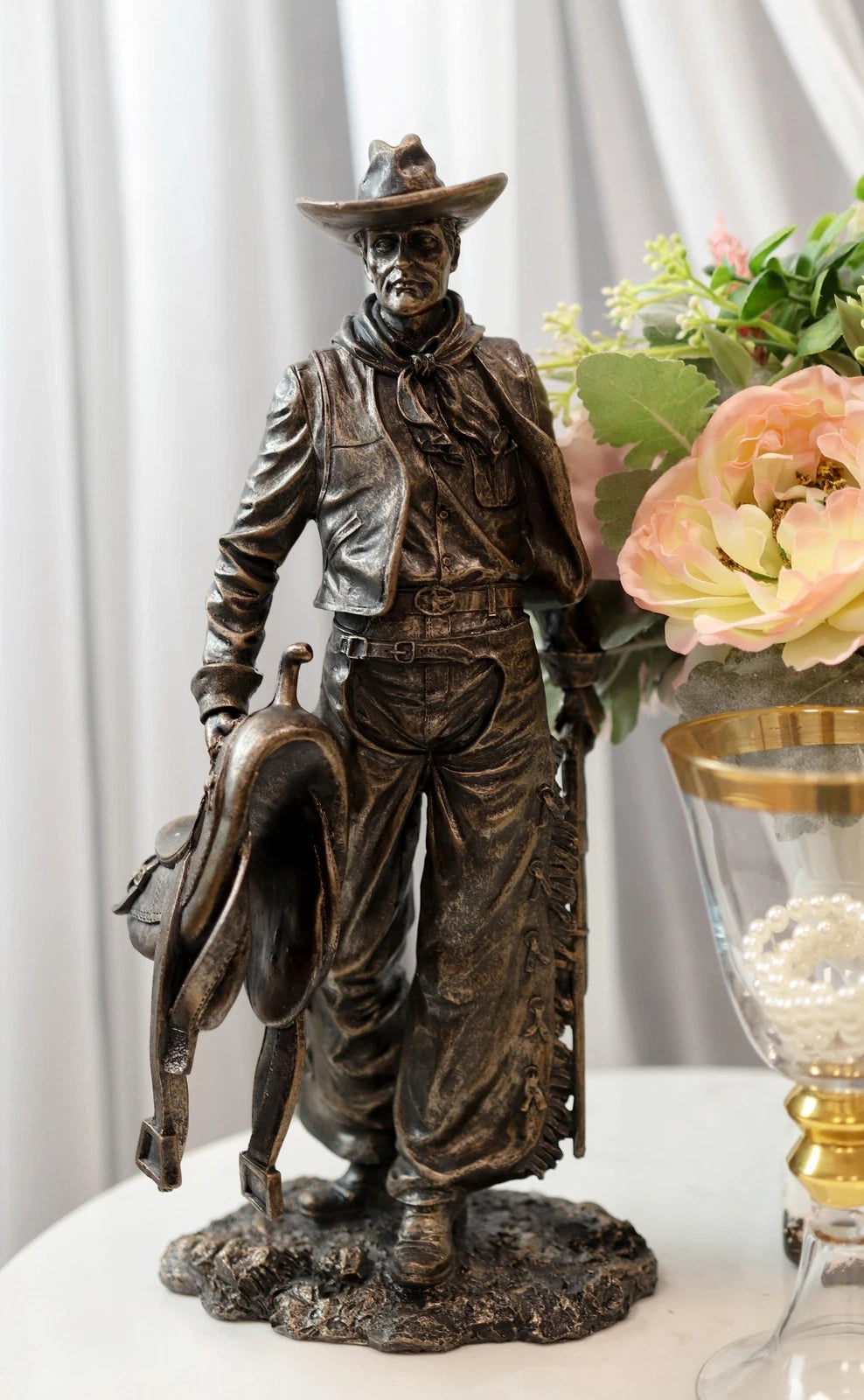 Old World Rustic Western Cowboy Holding Horse Saddle and Rifle Gun Statue 12"H-5