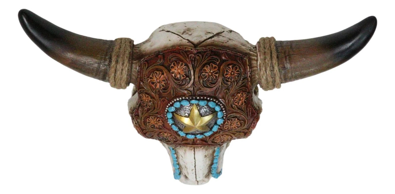 Western Star Tooled Leather Steer Bison Buffalo Bull Cow Horned Skull Wall Decor-9