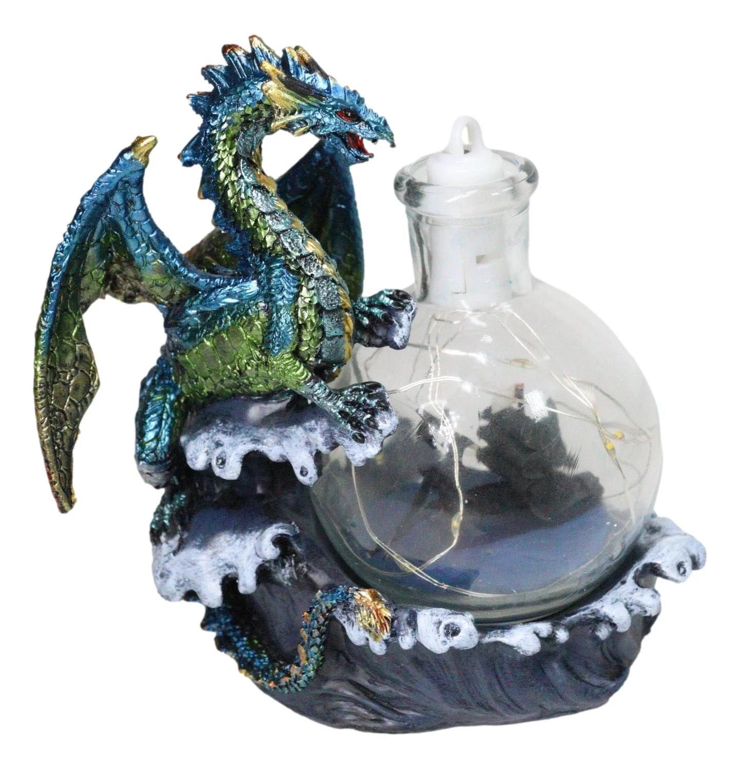 Metallic Frozen Sea Dragon Rising Above Waves by Glass Bottle With Ship Figurine-6
