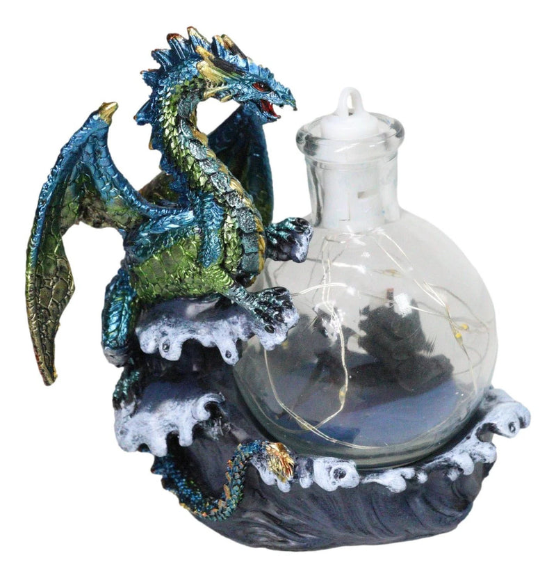 Metallic Frozen Sea Dragon Rising Above Waves by Glass Bottle With Ship Figurine-6