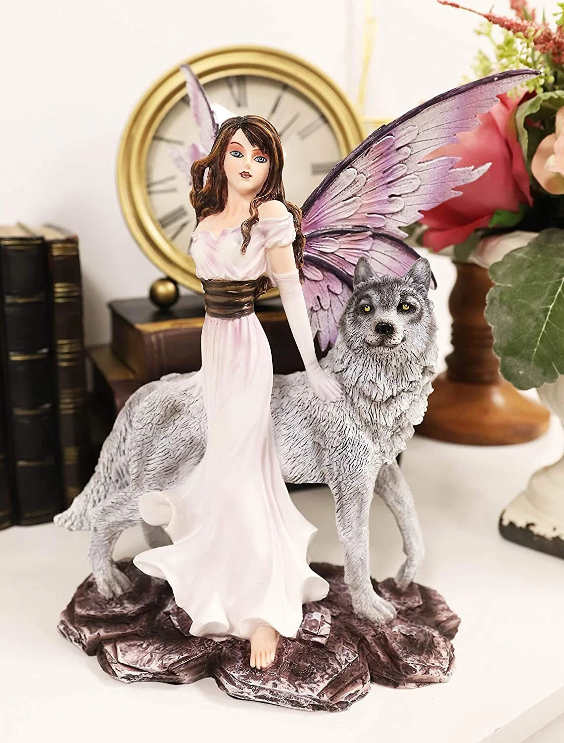 Fantasy Purple Winged Fairy Diana with Alpha Snow Direwolf Wolf Statue 10"H