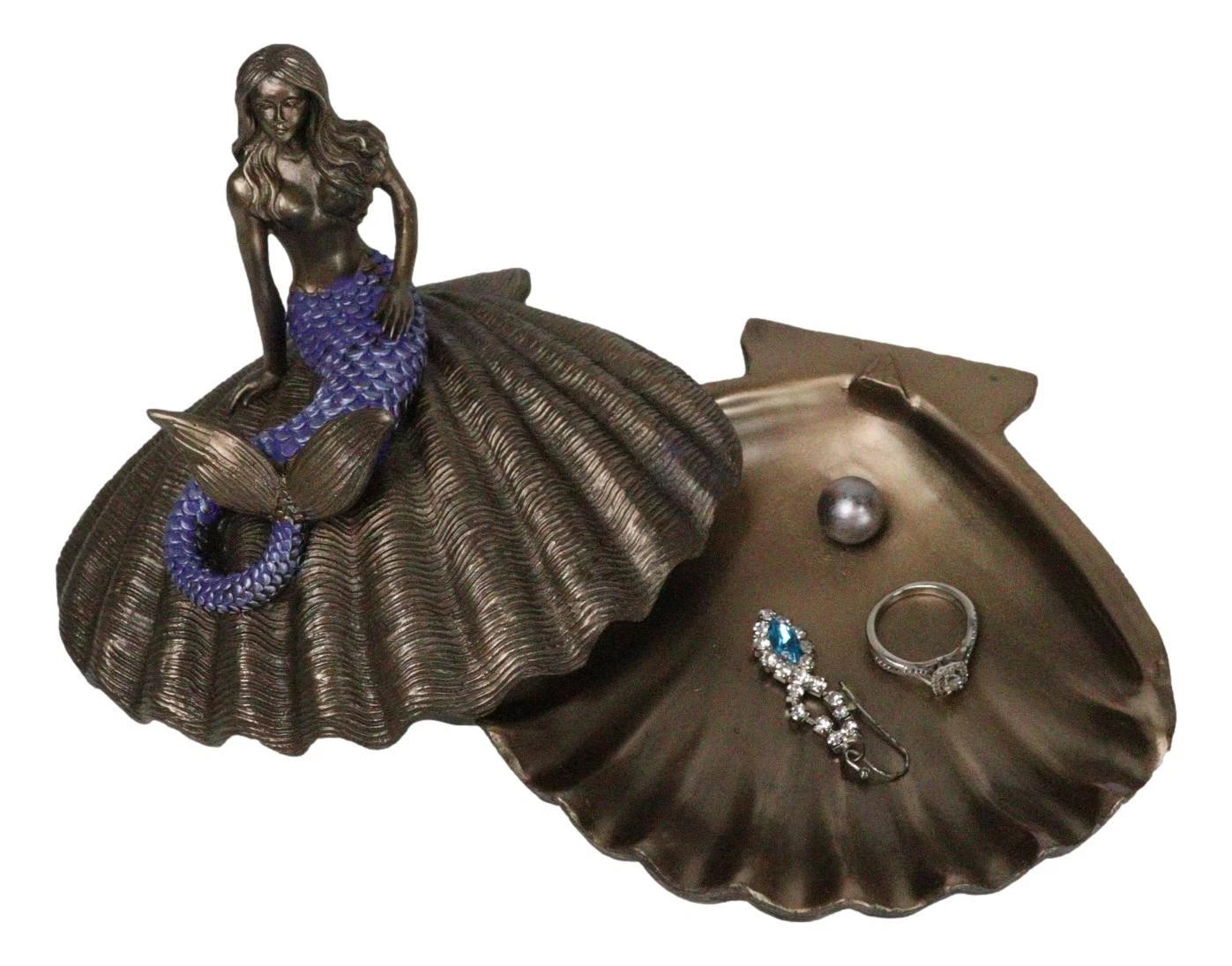 Beautiful Mermaid Sitting On Giant Sea Shell Decorative Jewelry Box Figurine-5