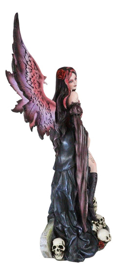 Black Sorceress Skulls Fairy with Red Rose Standing On Tombstone Figurine 15"H-5