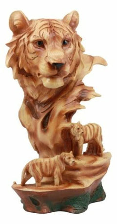 Large Bengal Tiger Bust Statue 11.75"Tall Faux Wood Resin Tiger Family In Jungle-6