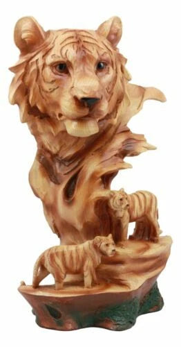 Large Bengal Tiger Bust Statue 11.75"Tall Faux Wood Resin Tiger Family In Jungle-6
