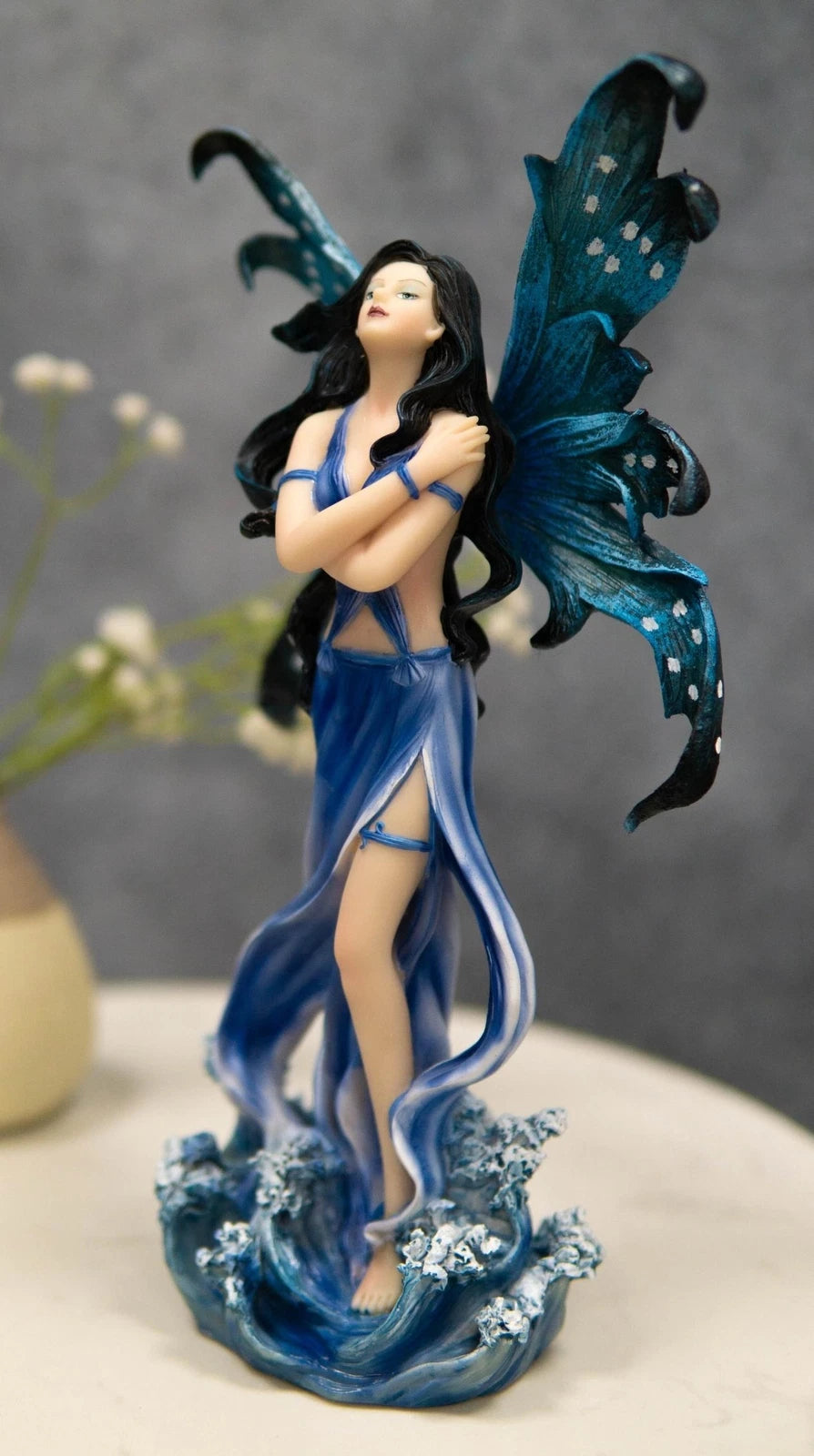 Ocean Fairy Figurine, Water Elemental Fantasy Statue 12" Tall Rising Over Waves, Hand-Painted Mythical Creature Sculpture, Home Decor for Shelf, Desk, or Living Room Display-6