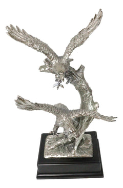 Large King Of The Skies Electroplated Silver Bald Eagles Taking Flight Statue-6