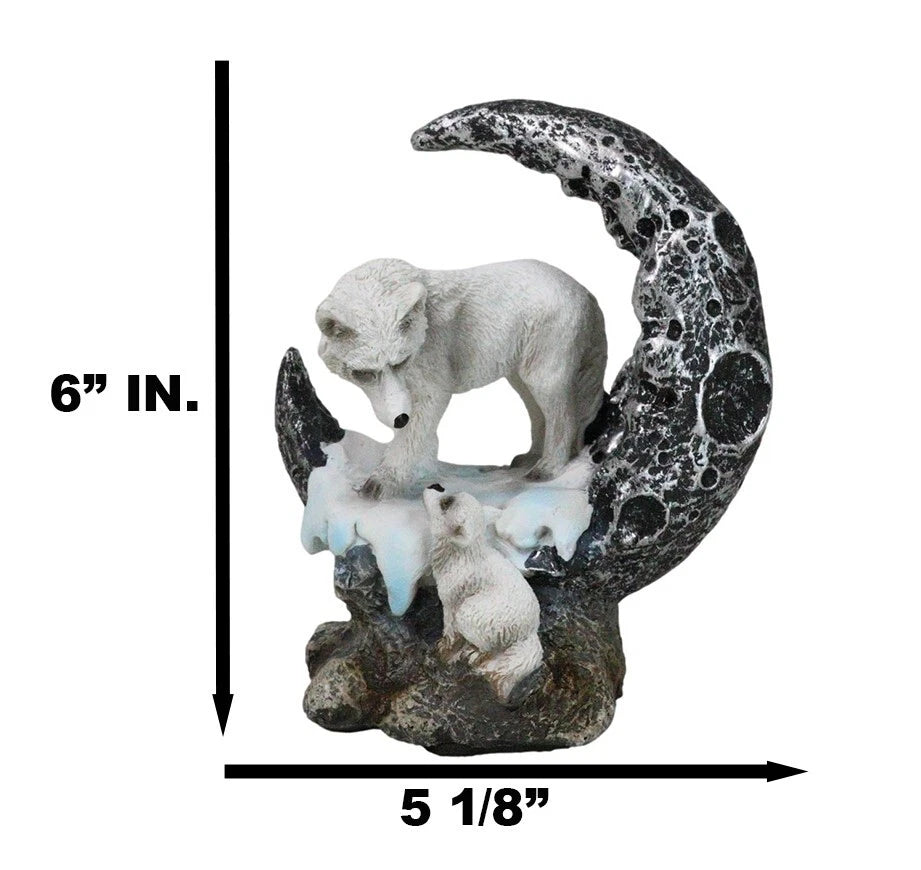 Winter Snow White Wolf Mother With Pup By Snowy Crater Crescent Moon Figurine-5