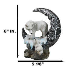 Winter Snow White Wolf Mother With Pup By Snowy Crater Crescent Moon Figurine-5