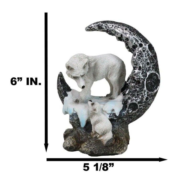 Winter Snow White Wolf Mother With Pup By Snowy Crater Crescent Moon Figurine-5